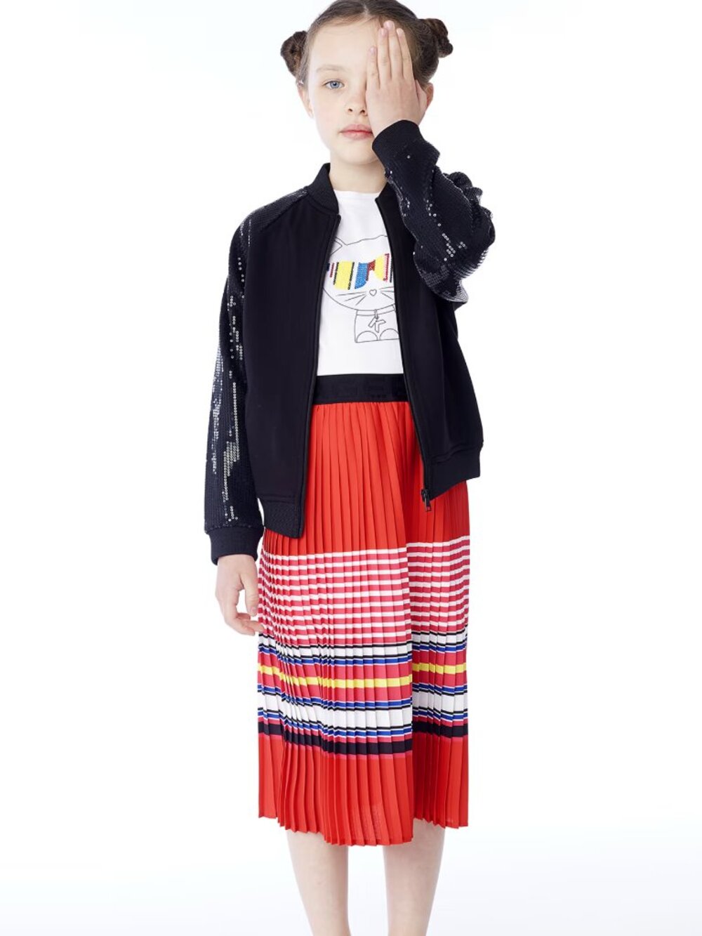 NEW Karl Lagerfeld Little Girls Toddlers Red White Striped Pleated Skirt Size 2